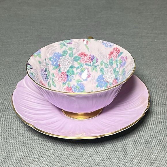 Vintage Shelley Oleander Summer Glory Teacup & Saucer Lilac w/24k Gold Trim - Picture 4 of 14